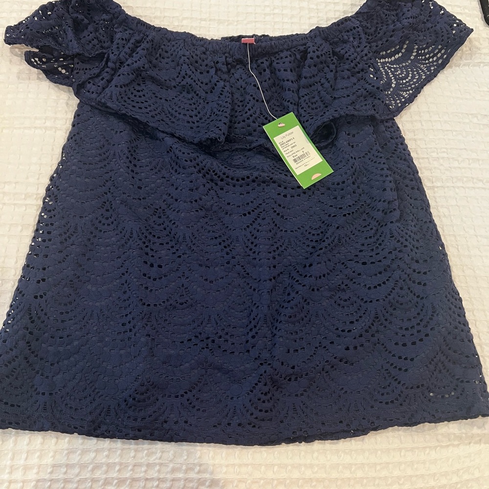 Lilly Pulitzer Navy Off-Shoulder Lace Blouse